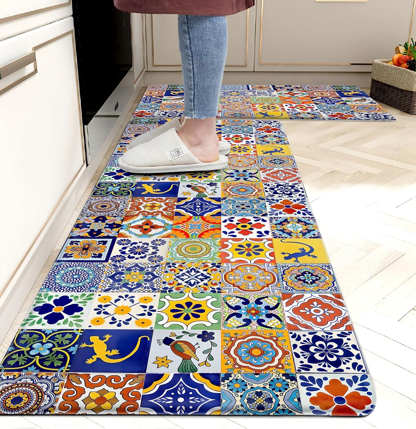 Weesire Boho Kitchen Rugs with colorful tile pattern for vibrant kitchen décor