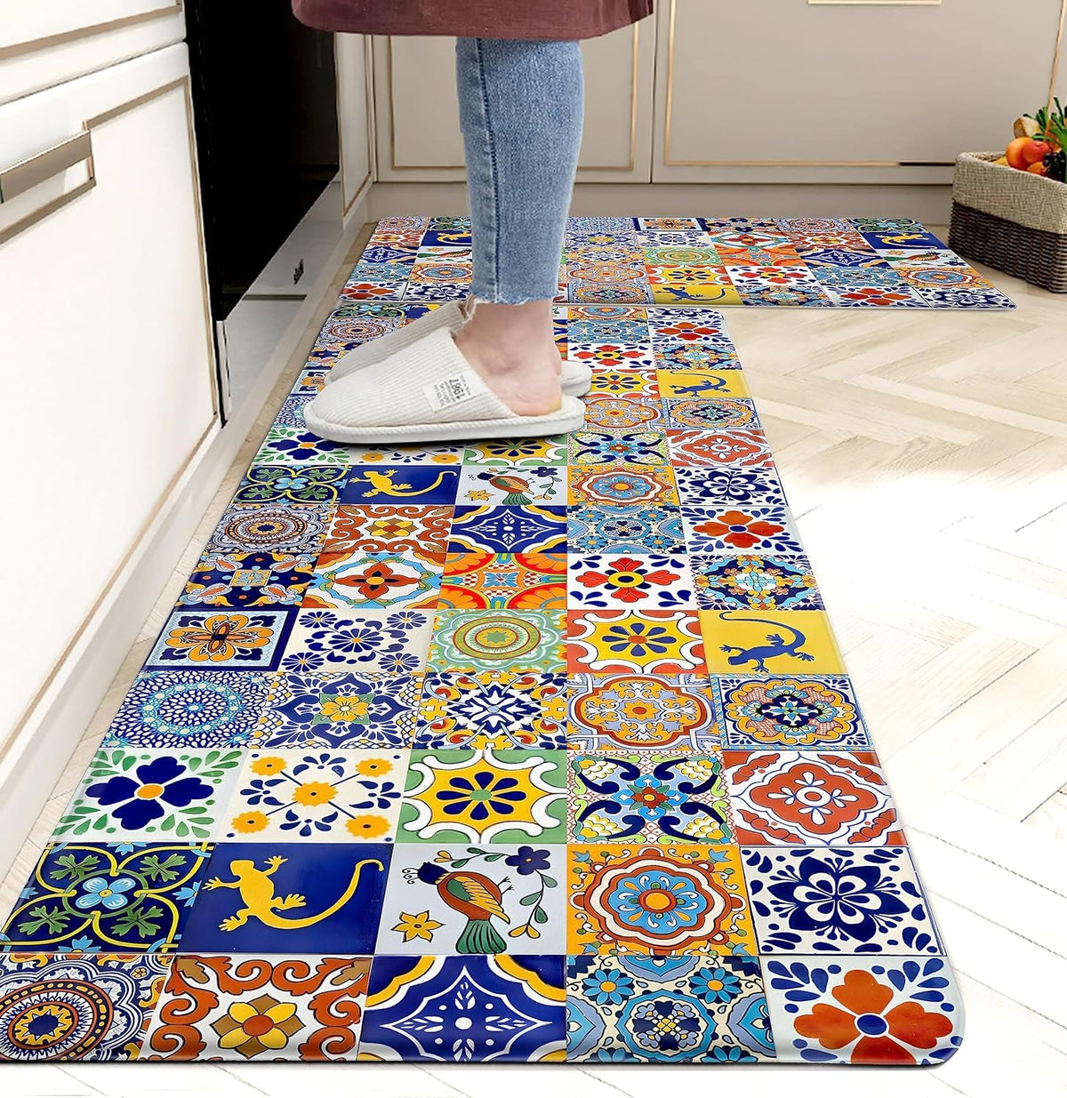Weesire Boho Kitchen Rugs with colorful tile pattern for vibrant kitchen décor
