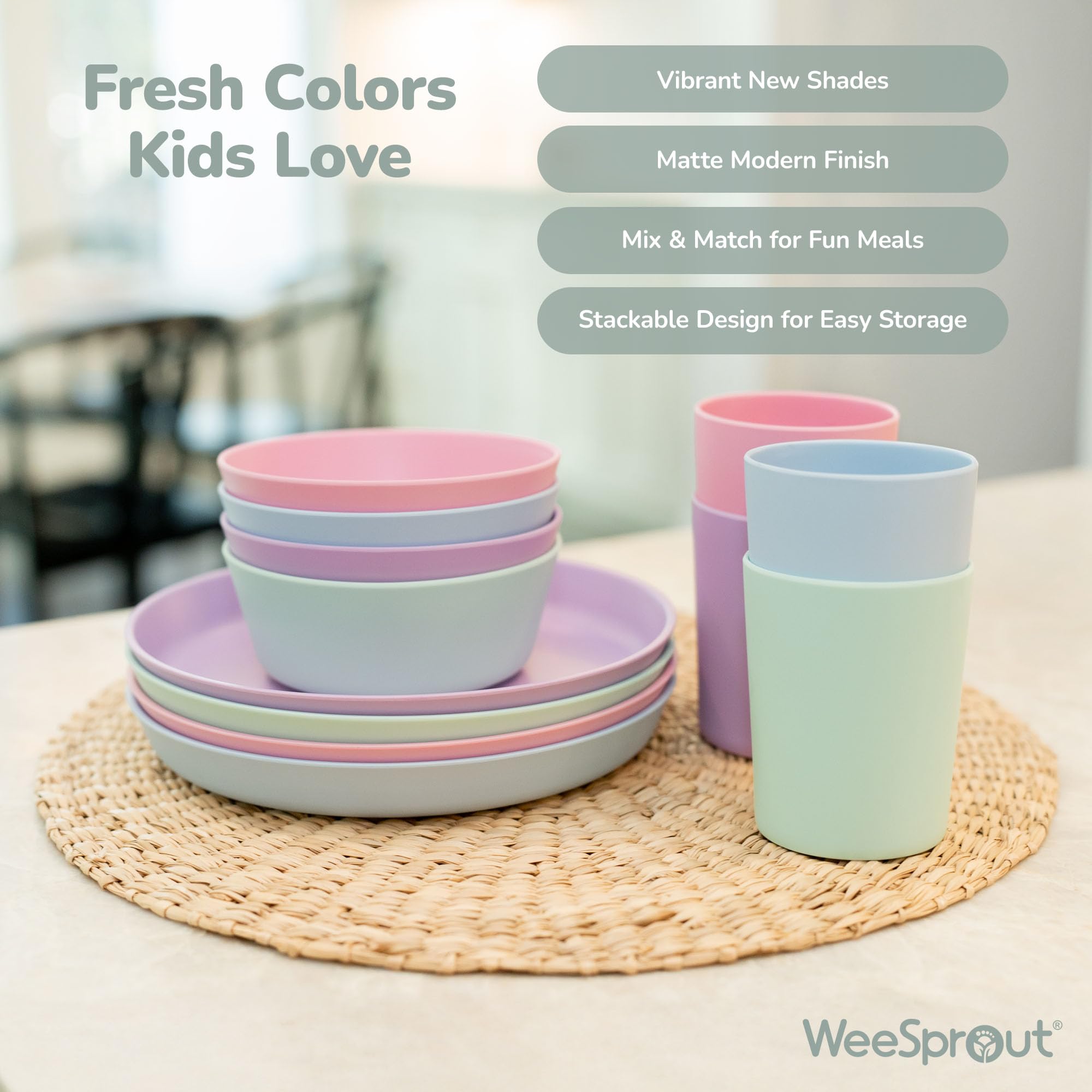 WeeSprout bamboo bowls in beige for neutral, versatile tableware with kids.