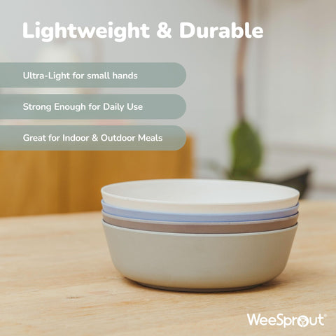 WeeSprout beige bowls with lids offer durable, family-friendly dinnerware