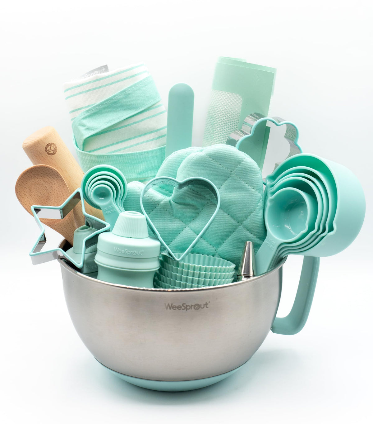 WeeSprout mint kids apron keeps clothes clean during baking.