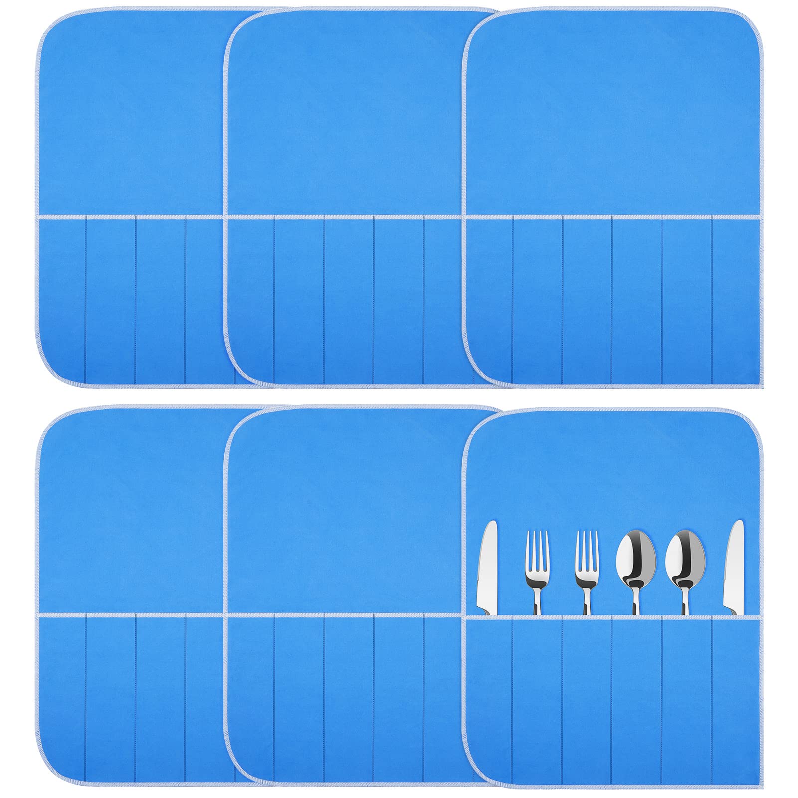 Weewooday silver storage bag with blue holder, open view showing organized flatware.