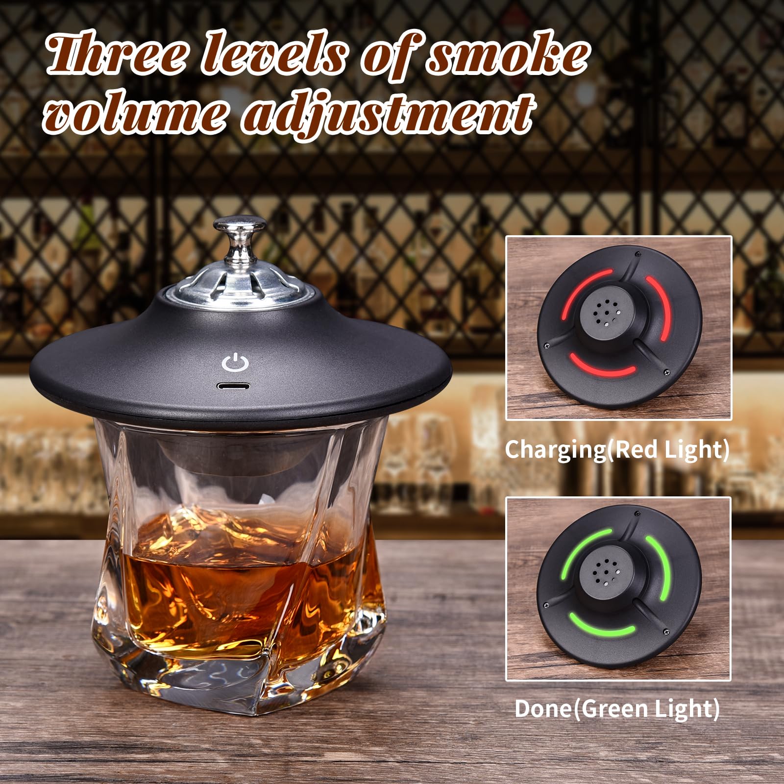 Weibutech cocktail smoker top in use over a glass for cold smoke