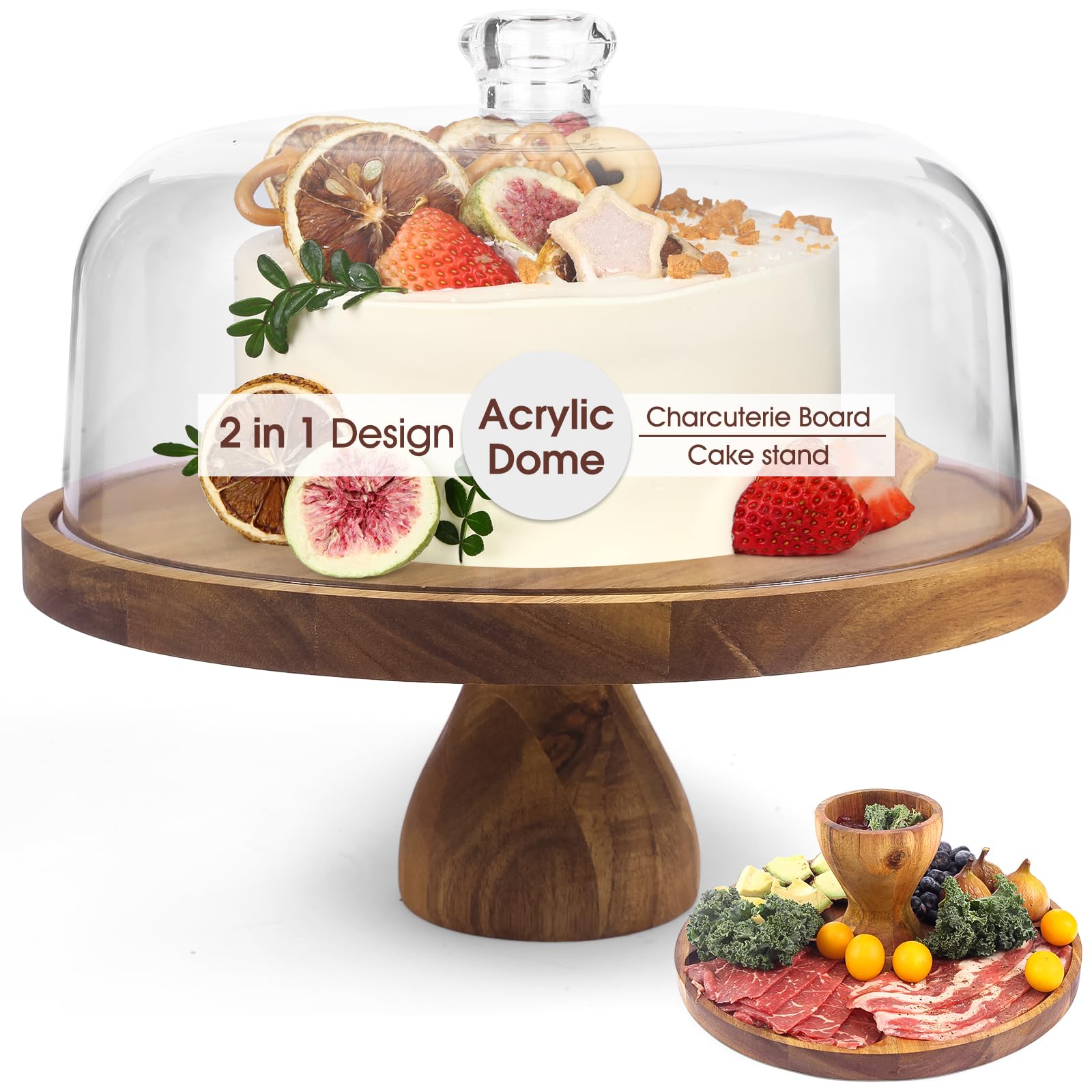 WEIFUTCH acacia wood cake stand with dome on display for elegant desserts