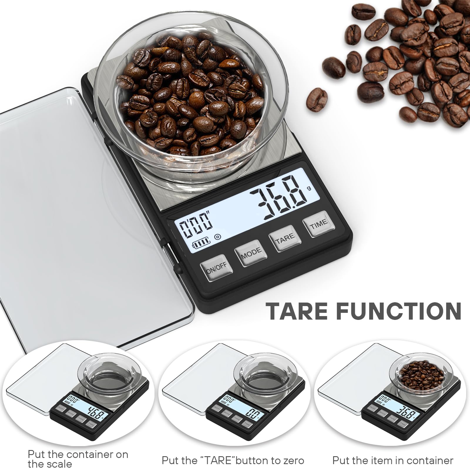 WEIGHTMAN pocket coffee scale used for weighing beans on the go.