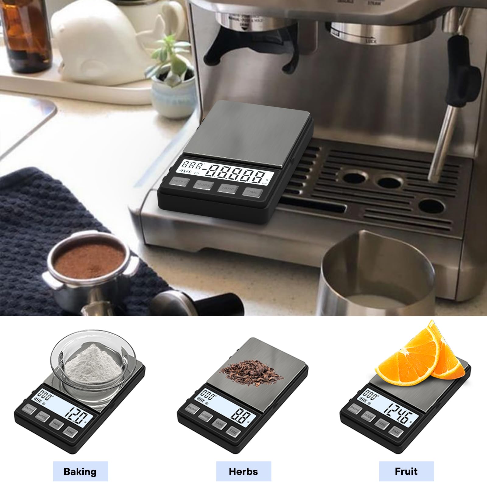 WEIGHTMAN stainless steel espresso scale with clear backlit display.