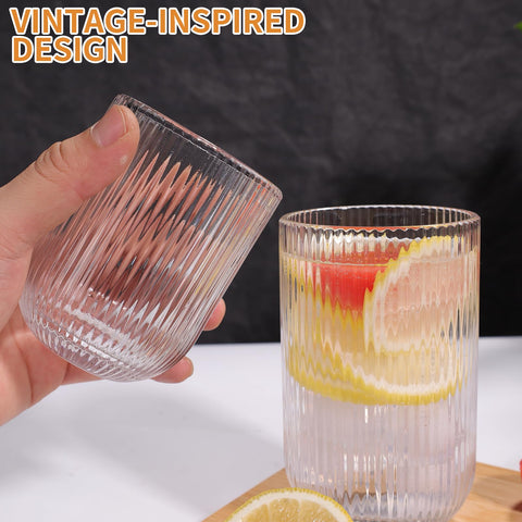 WeirdUncle clear ribbed glassware on display for shelves or counters.