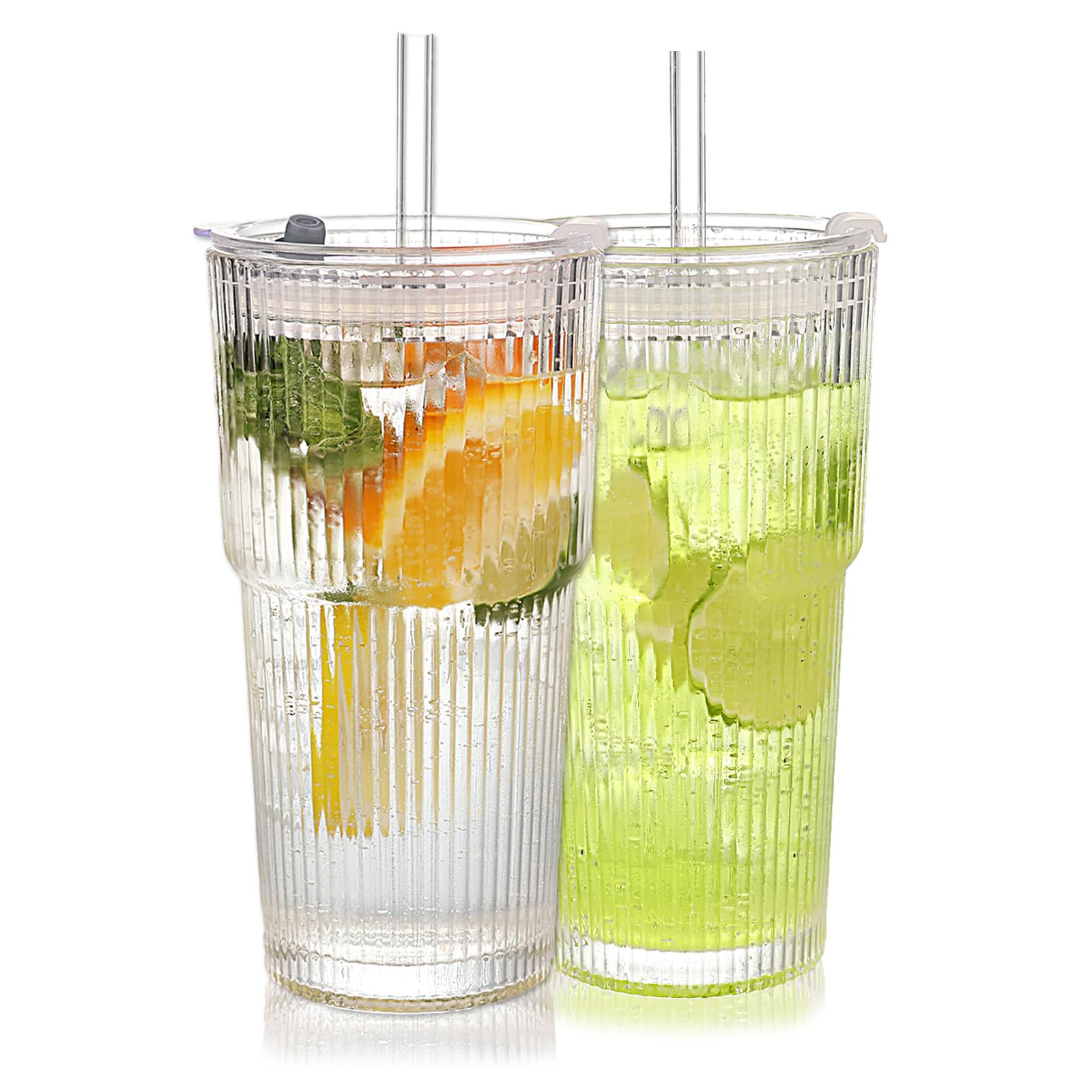 WeirdUncle ribbed glass tumbler with lid and straw for spill-safe sipping