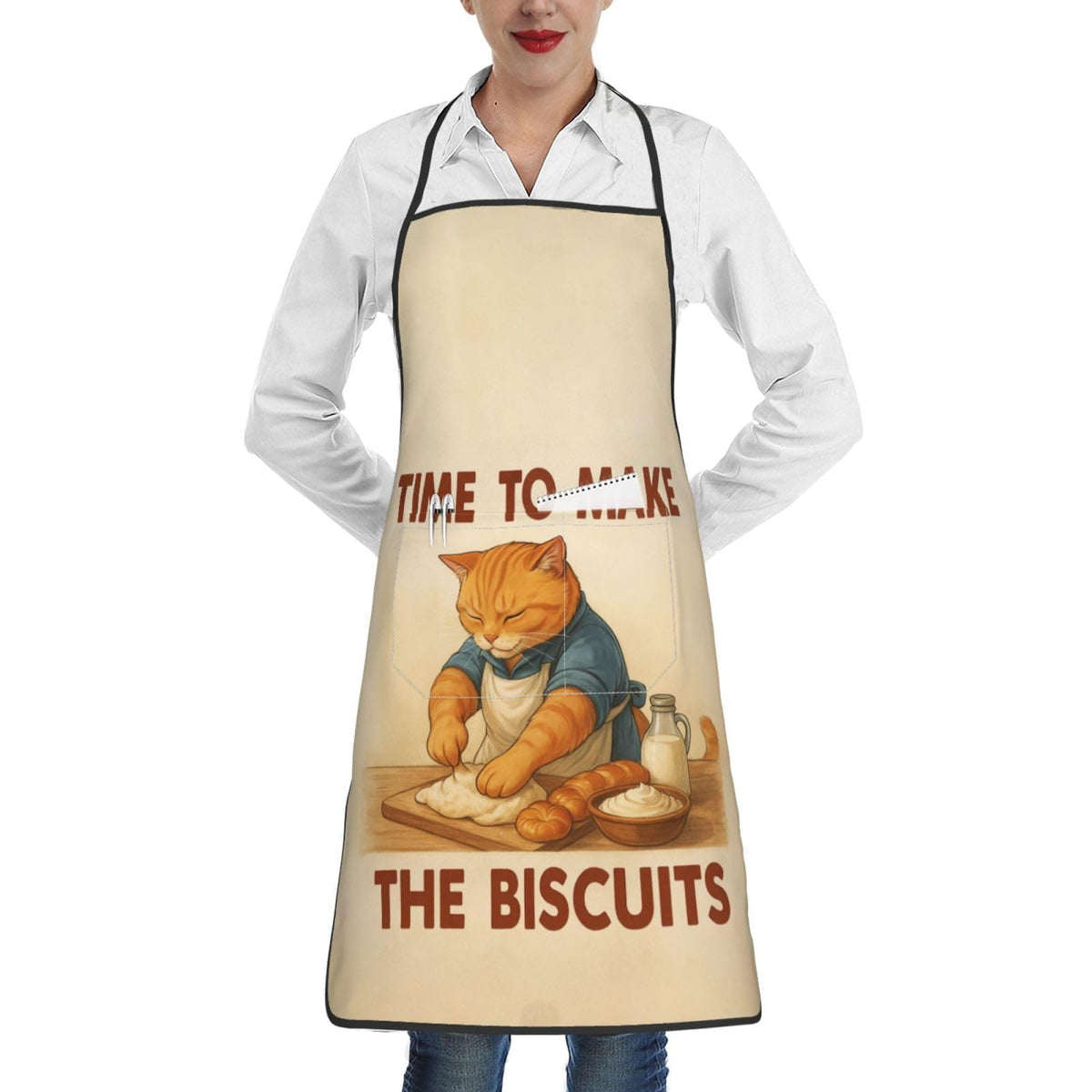 Weiscode cat chef apron with front pocket keeps utensils within reach.