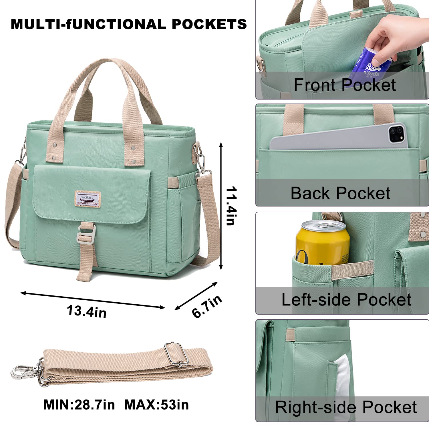 Weitars lunch bag front pocket provides quick access to essentials at the office.