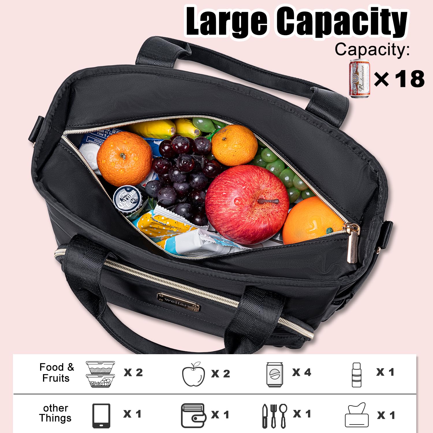 Weitars lunch bag side pocket stores a bottle or umbrella for quick access.