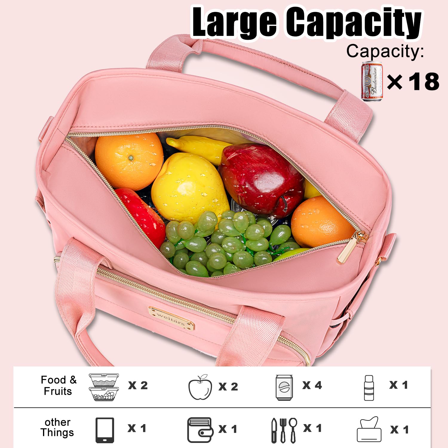 Weitars lunch bag side pockets hold bottles and utensils securely.