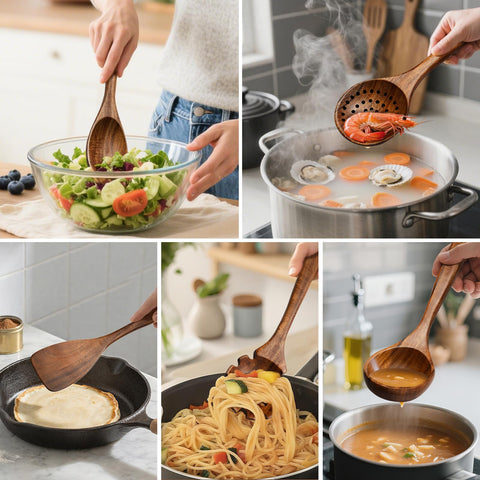 WEKELL teakwood utensils featuring built-in holes for easy hanging.
