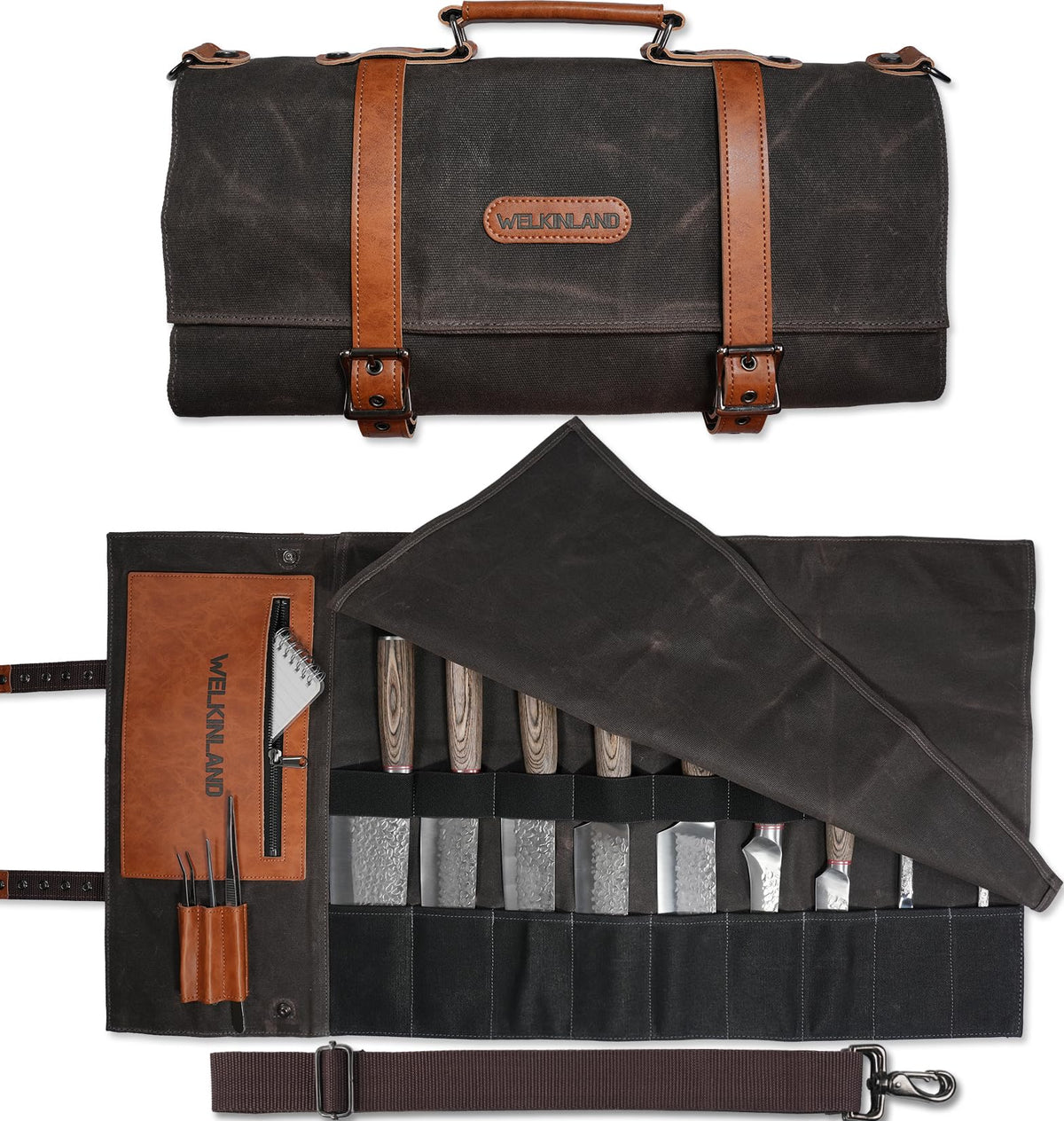 WELKINLAND 13-Pocket Knife Roll opened flat for quick blade access during service