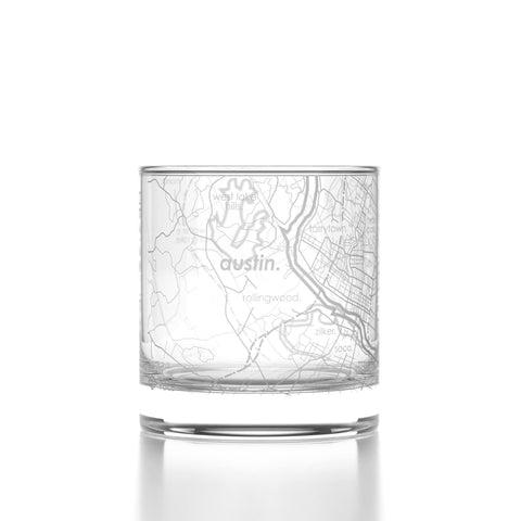 Well Told engraved Austin map rocks glass showing wraparound city map for memorable sipping