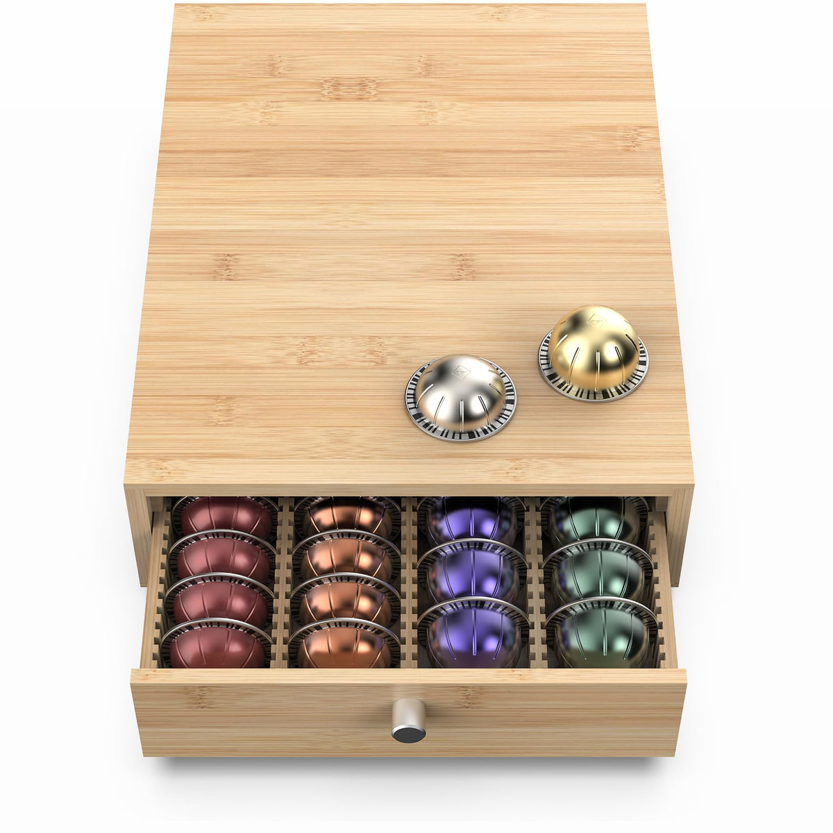 WELL WENG Vertuo capsule drawer front view showcases sturdy bamboo craftsmanship for organized storage.