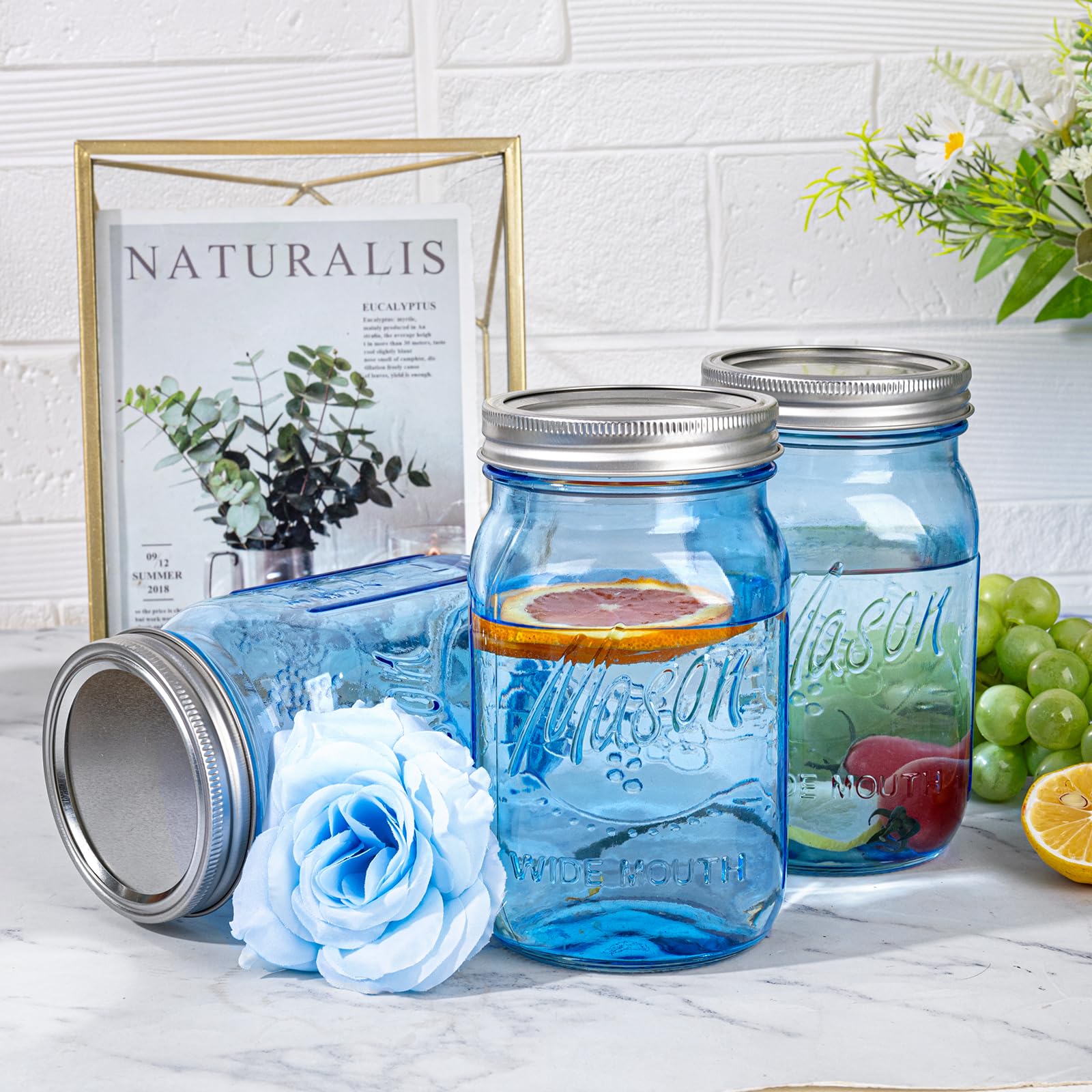 WELLIFE 32oz blue mason jar side view showing sturdy glass and classic design.