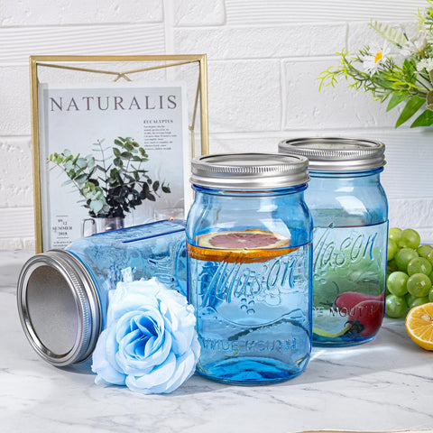 WELLIFE 32oz blue mason jar side view showing sturdy glass and classic design.