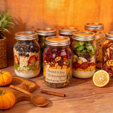 WELLIFE empty 32oz mason jars stacked for space-saving prep and storage.