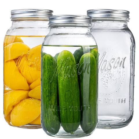 Wellife 3-pack 64oz wide-mouth mason jar with twist-band lid for secure storage.