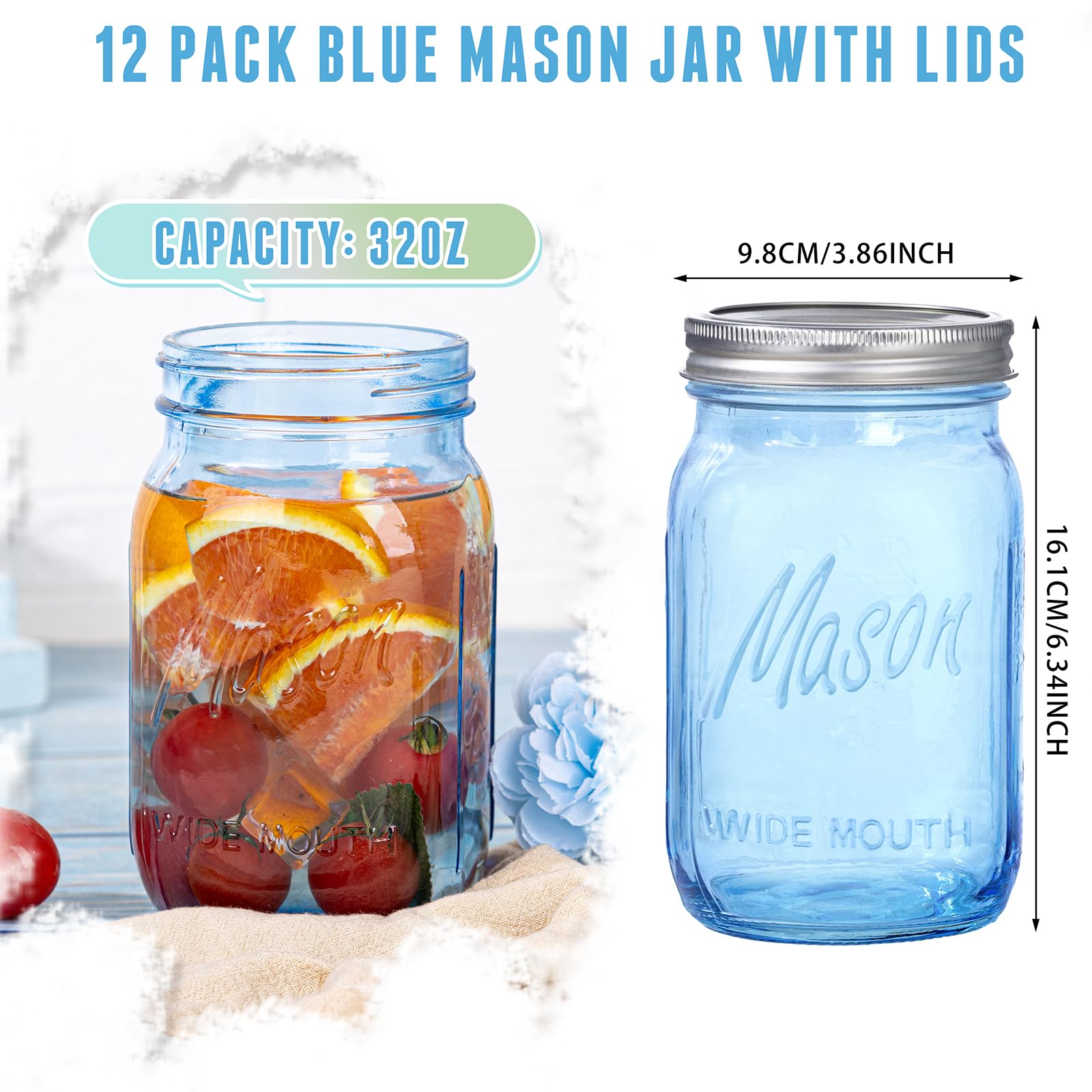 WELLIFE blue mason jar lids provide an airtight seal for fresh contents.