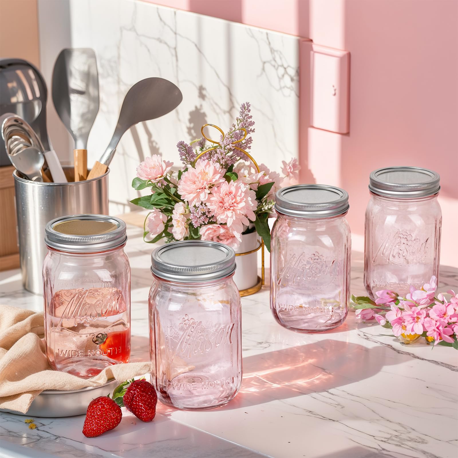 WELLIFE Pink Mason Jar display for weddings and home decor with flowers