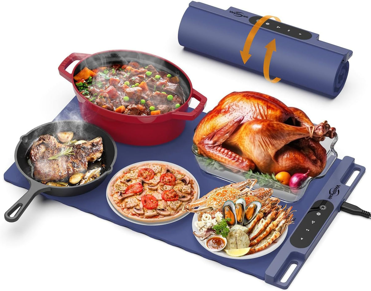 WELLPEAK warming mat shows full surface area ready for multiple dishes and buffets