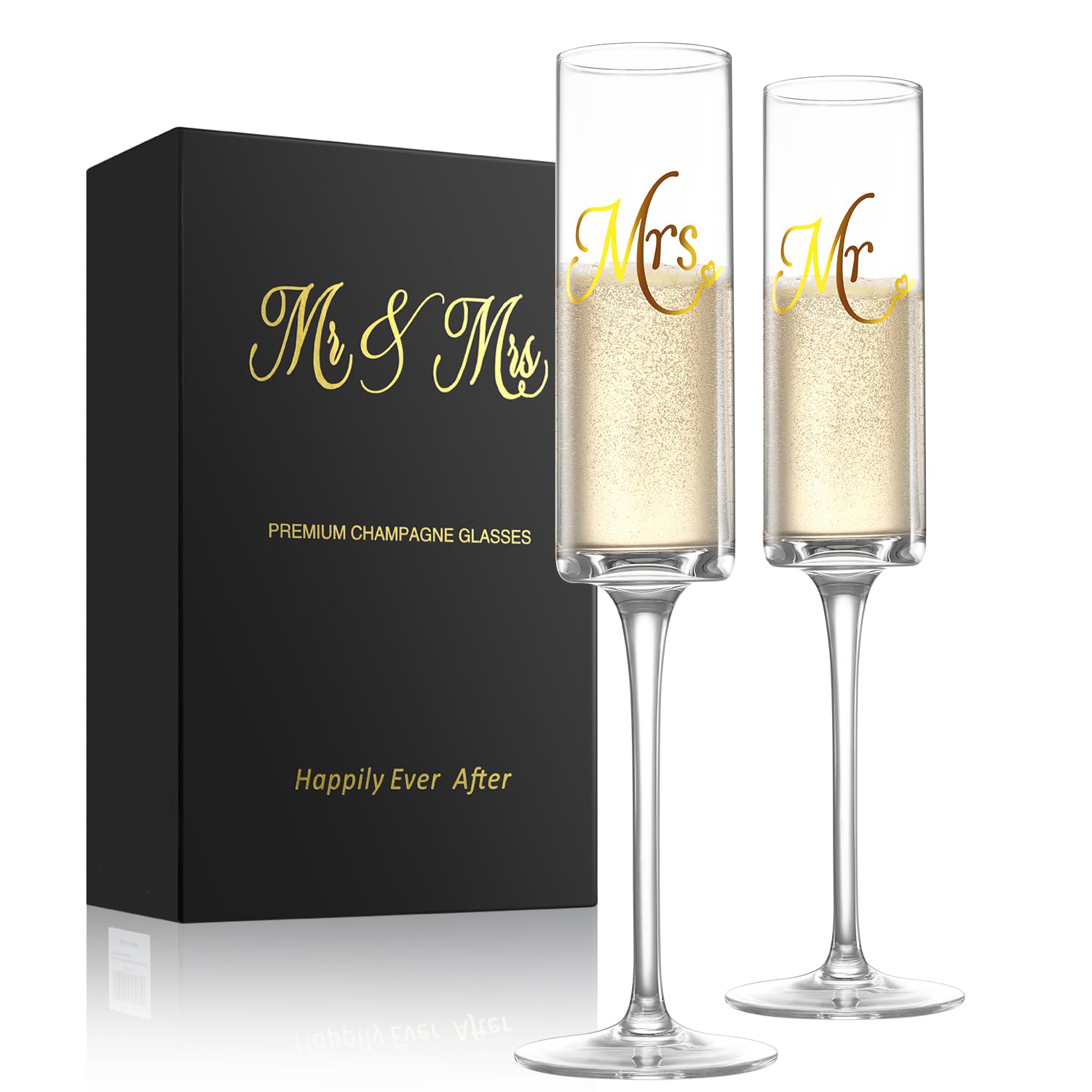 Wells Mr and Mrs champagne flutes in gift box for wedding toasting