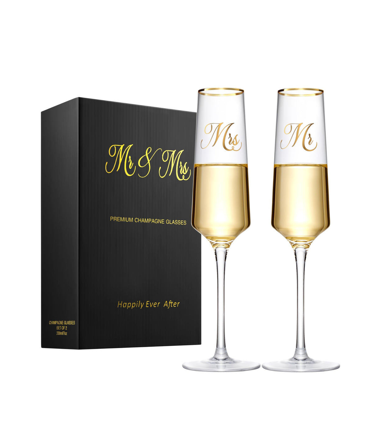 Wells Mr and Mrs wedding champagne flutes with long stem for elegant toasts.