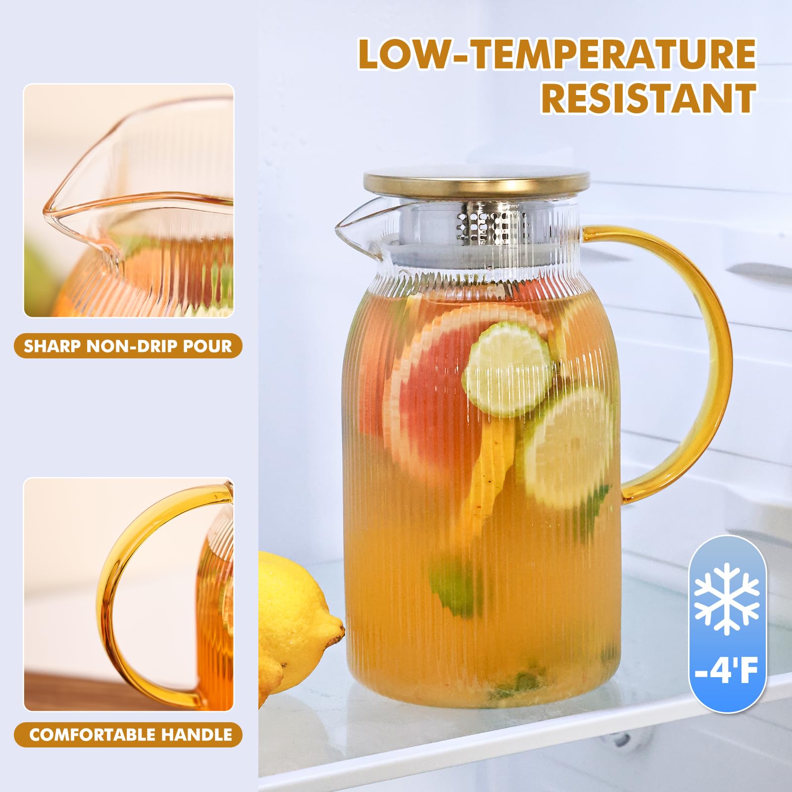 Wells ribbed glass pitcher dual-lid strainer for tea and pulp