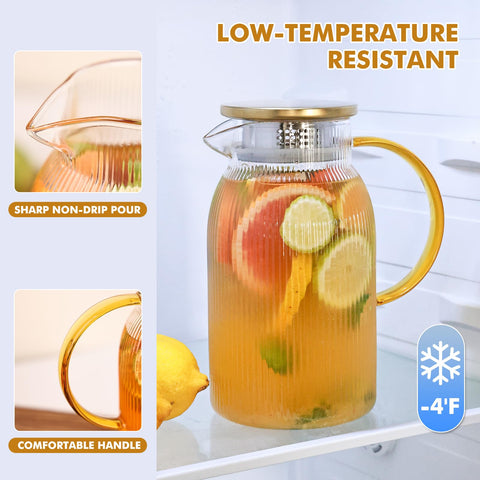 Wells ribbed glass pitcher dual-lid strainer for tea and pulp