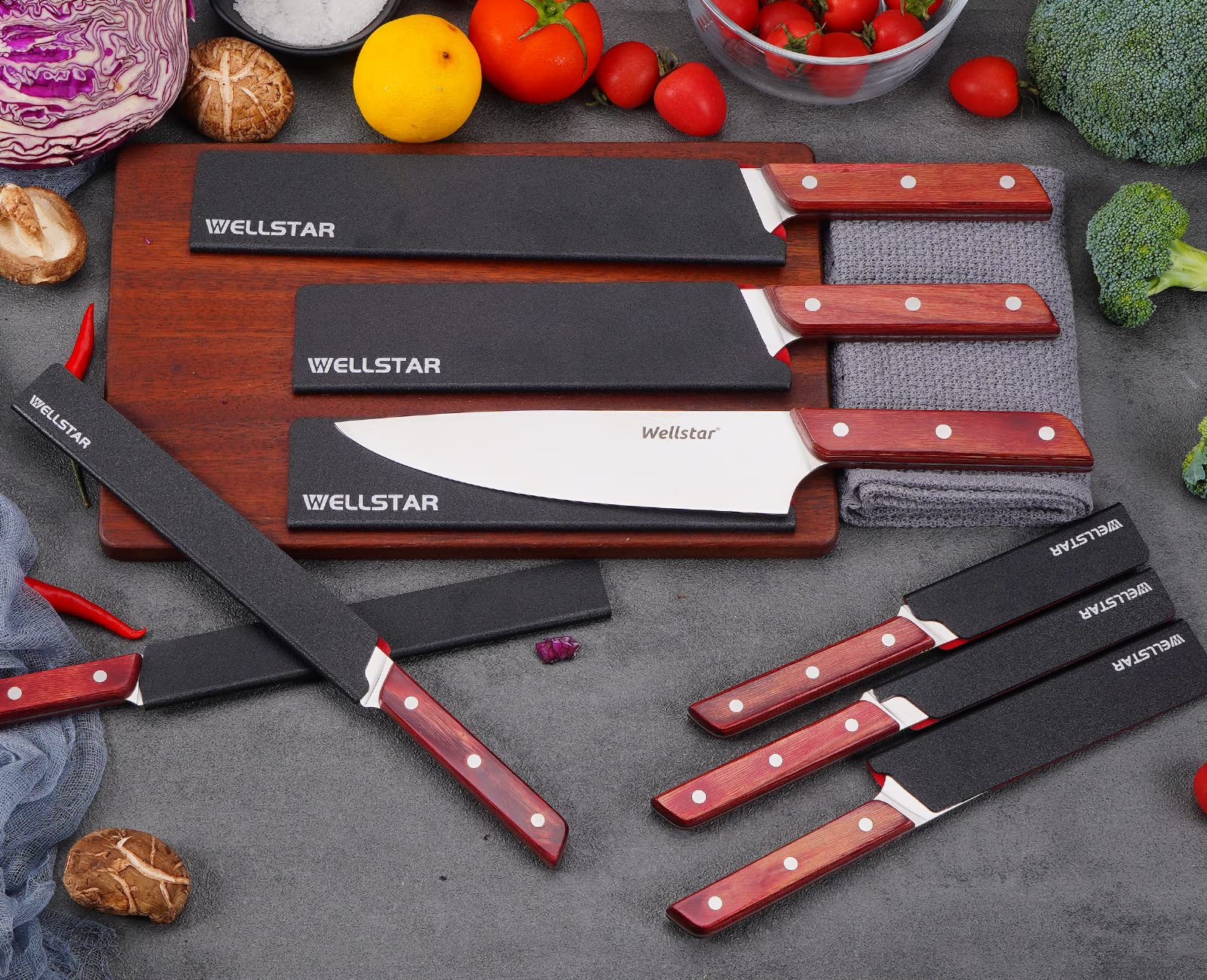 WELLSTAR Universal blade covers fit straight or slanted handles for multiple knife styles.