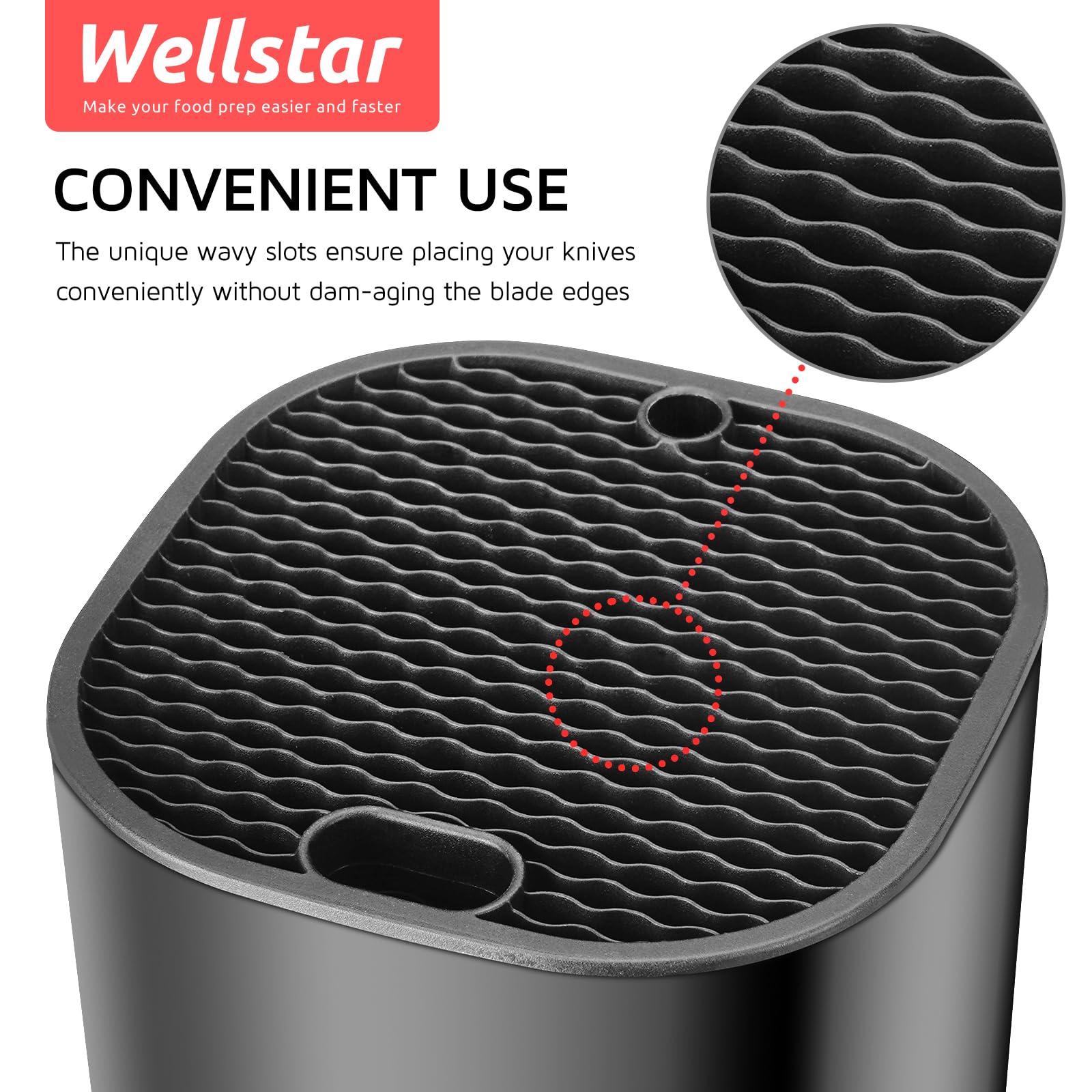 WELLSTAR knife block with sharpening rod slot for quick maintenance.