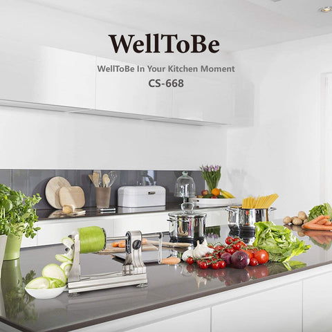 WellToBe 6-Blade Spiralizer with storage box keeps blades organized