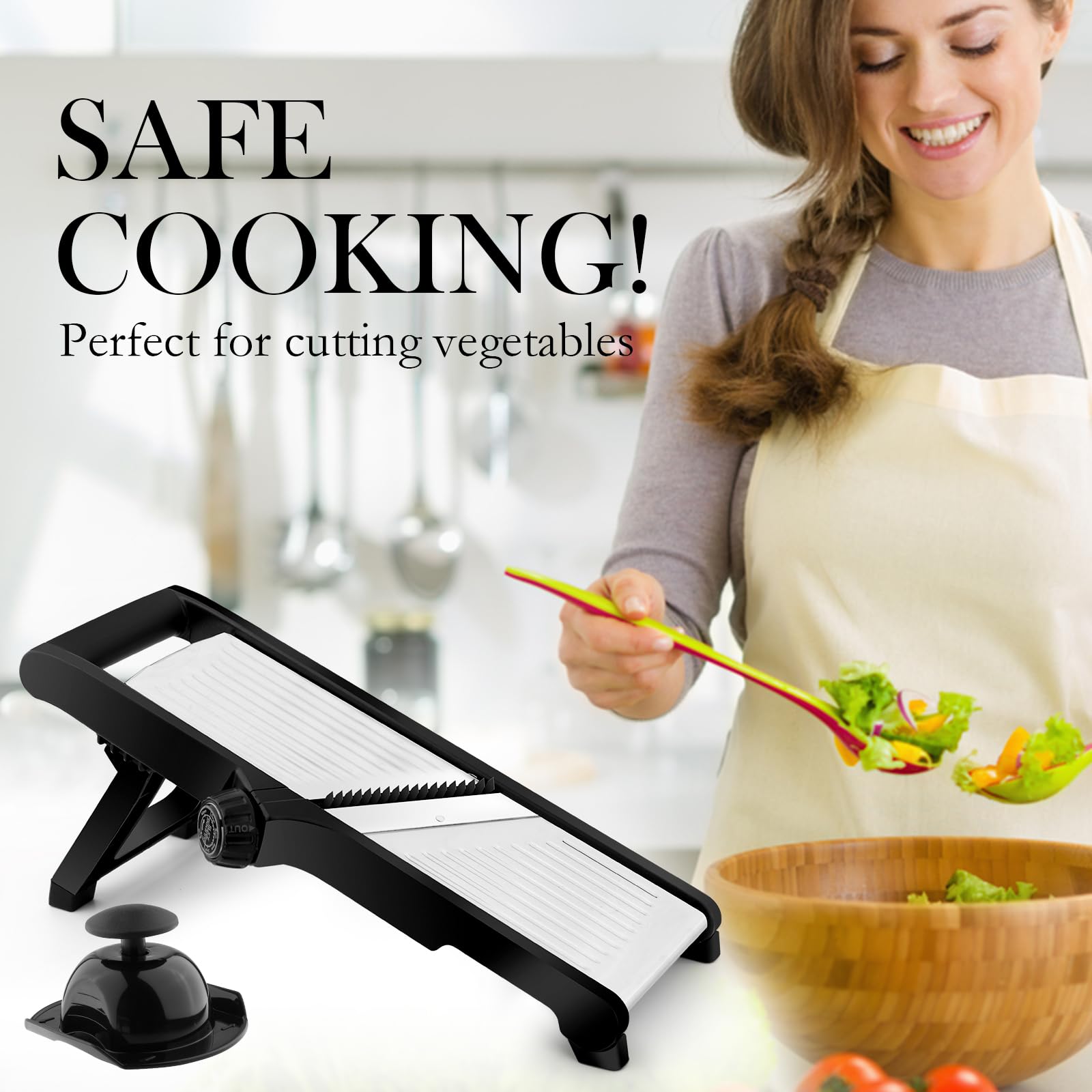 Weltonhm mandoline non-slip feet and foldable handle simplify storage and setup.
