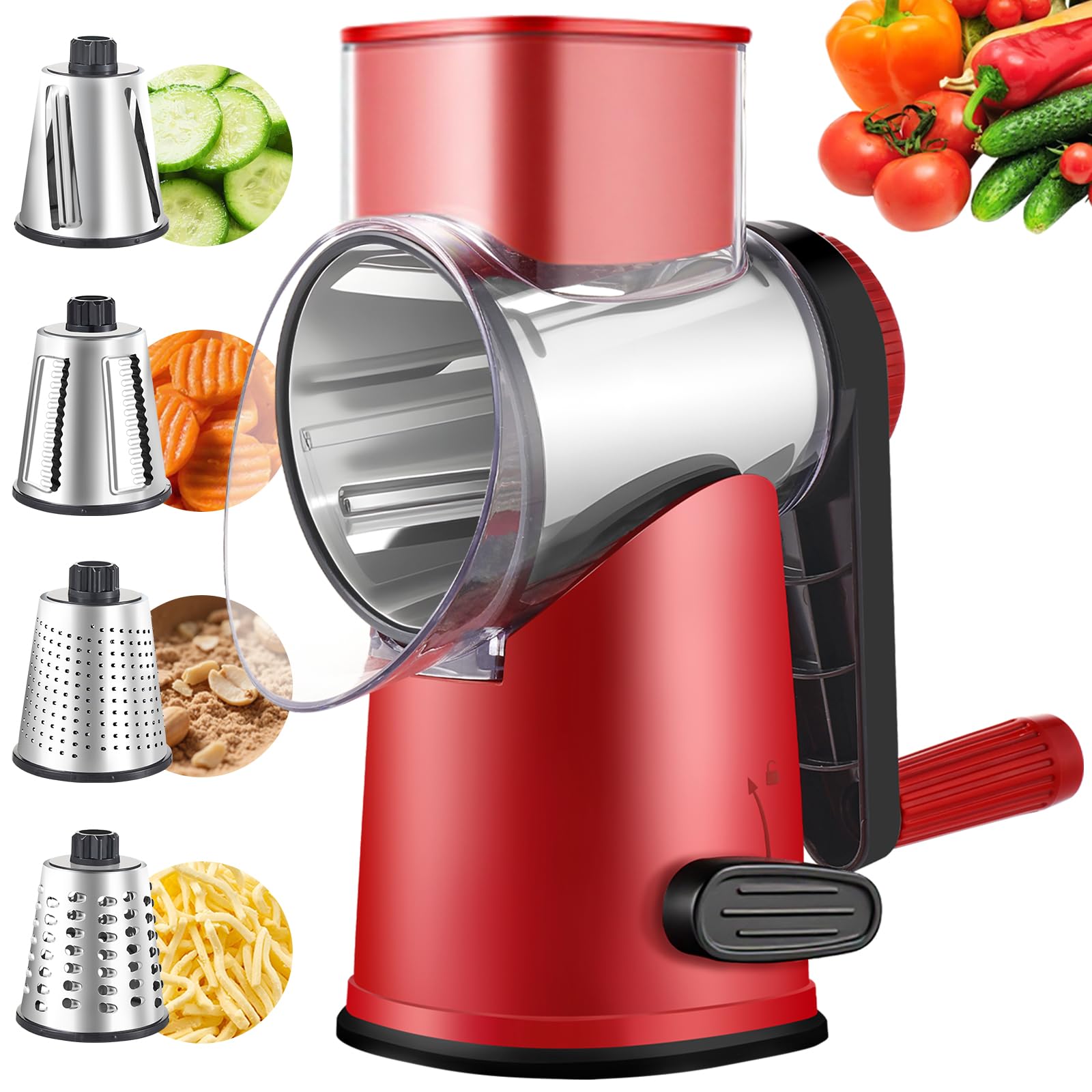 Weltonhm rotary cheese grater with 4 blades for quick, consistent shredding.