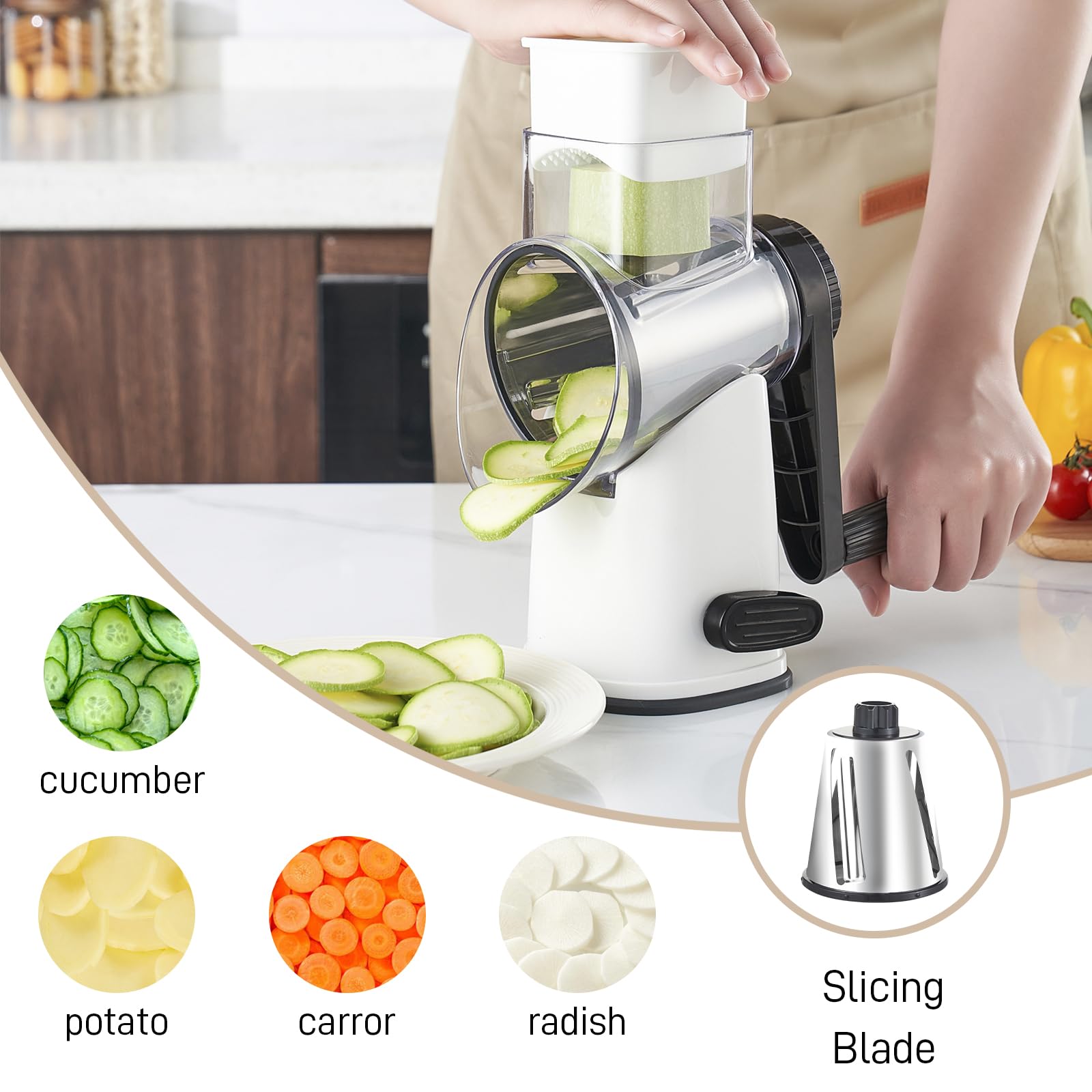 Weltonhm grater with suction base secured on counter for stable shredding.