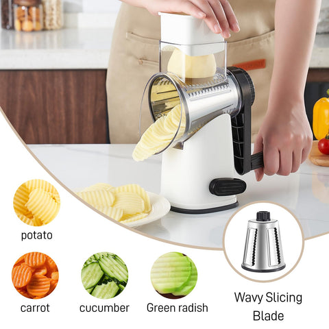 Waffle slicer blade in action for uniform cheese slices.