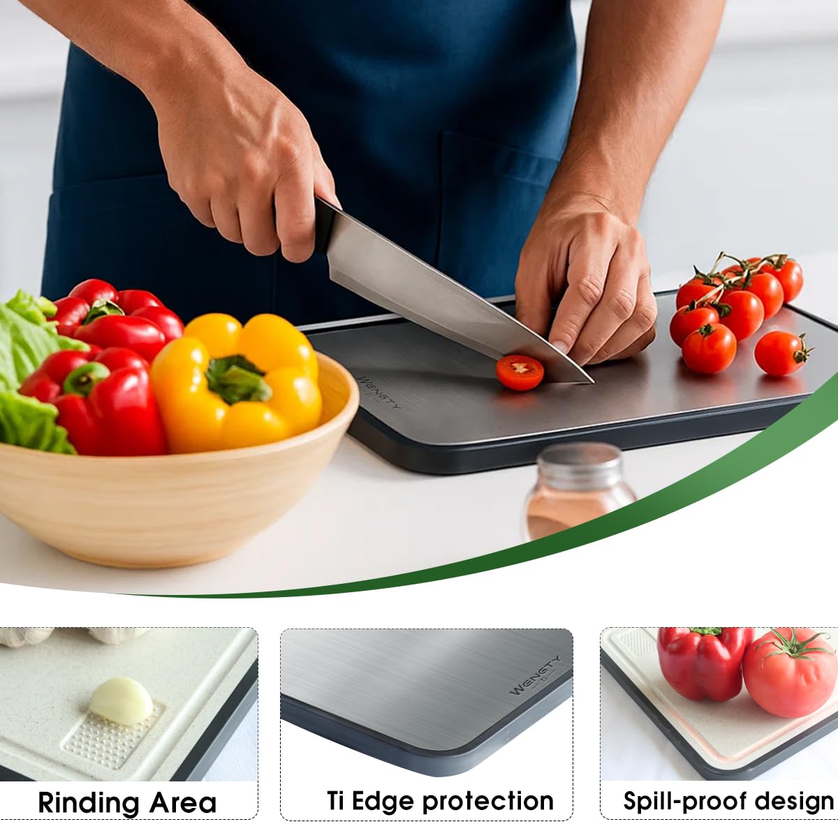 WENGTY cutting board measures 16 by 11 inches for ample prep space