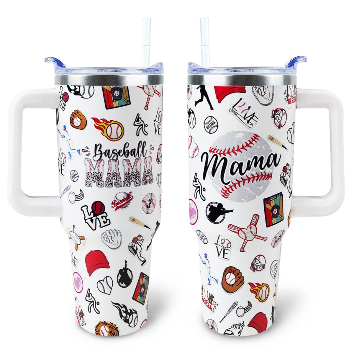 WENININOK Baseball Mom 40oz tumbler with handle for easy carrying on the go.