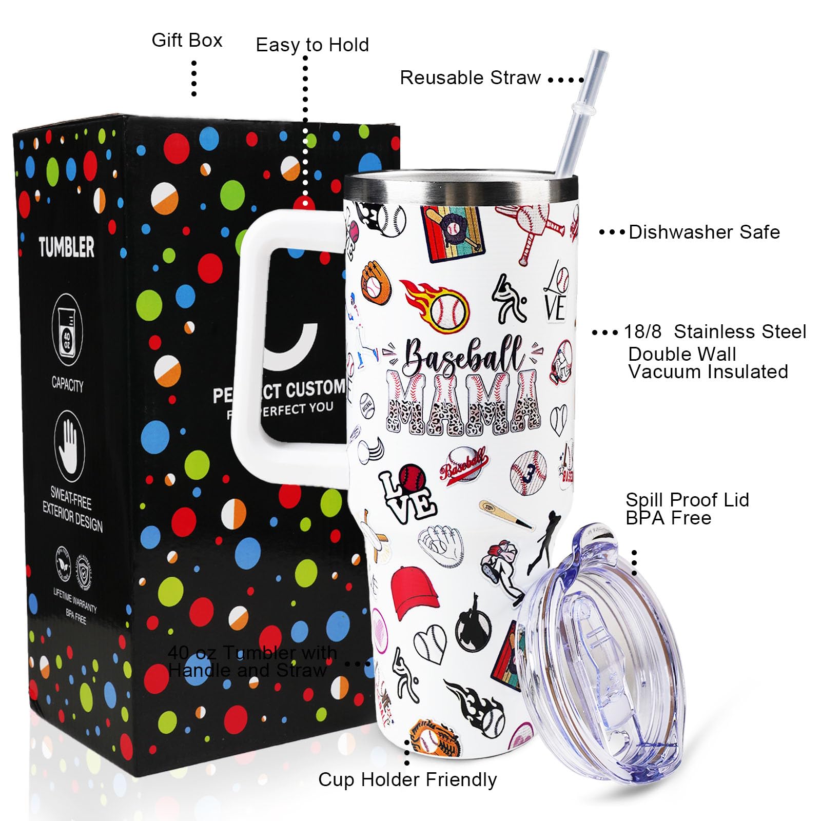 WENININOK baseball mom tumbler with straw lid for spill-safe sipping anywhere.