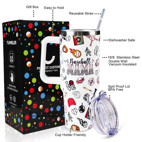 WENININOK baseball mom tumbler with straw lid for spill-safe sipping anywhere.