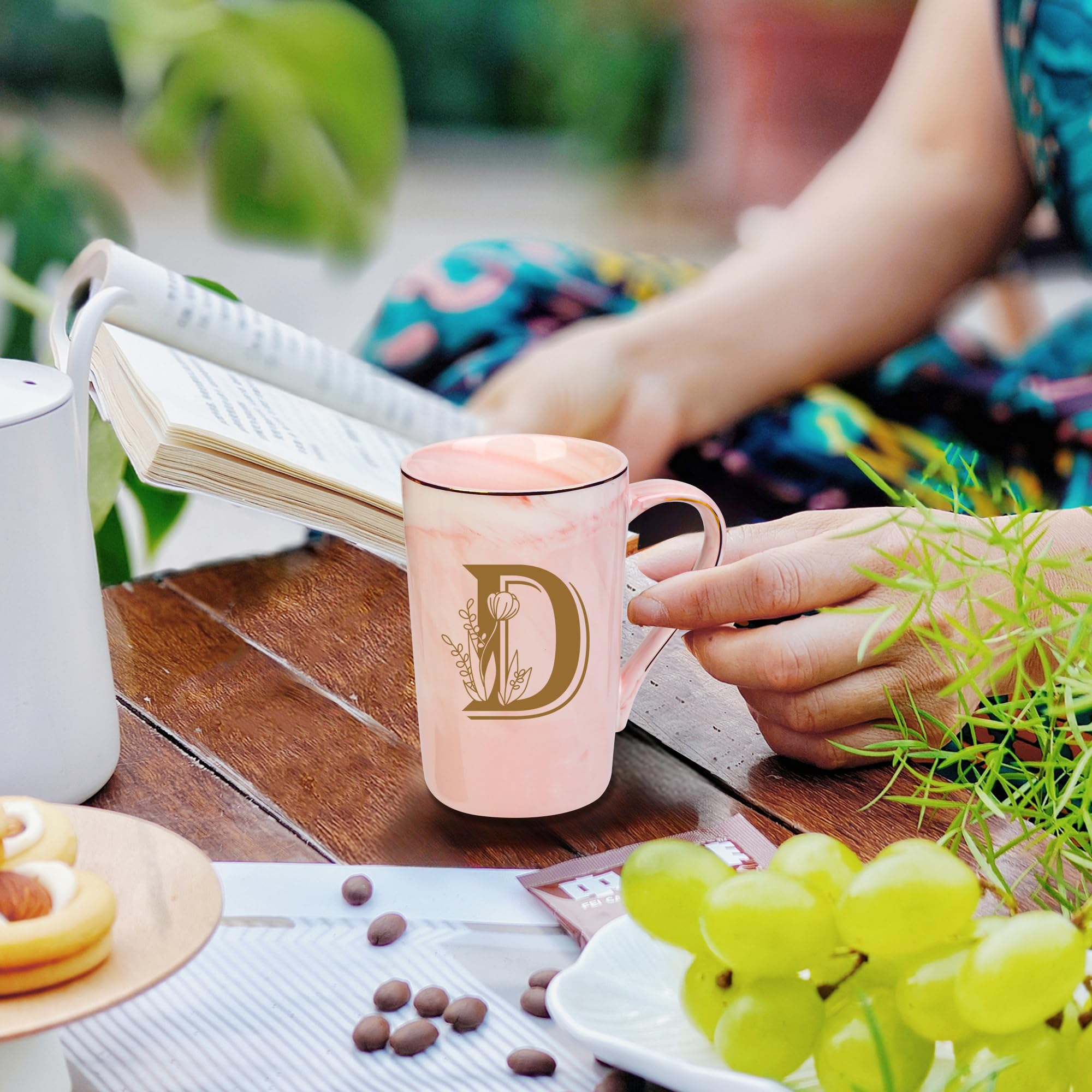 WENSSY handmade mug with flower pattern and D initial detail.