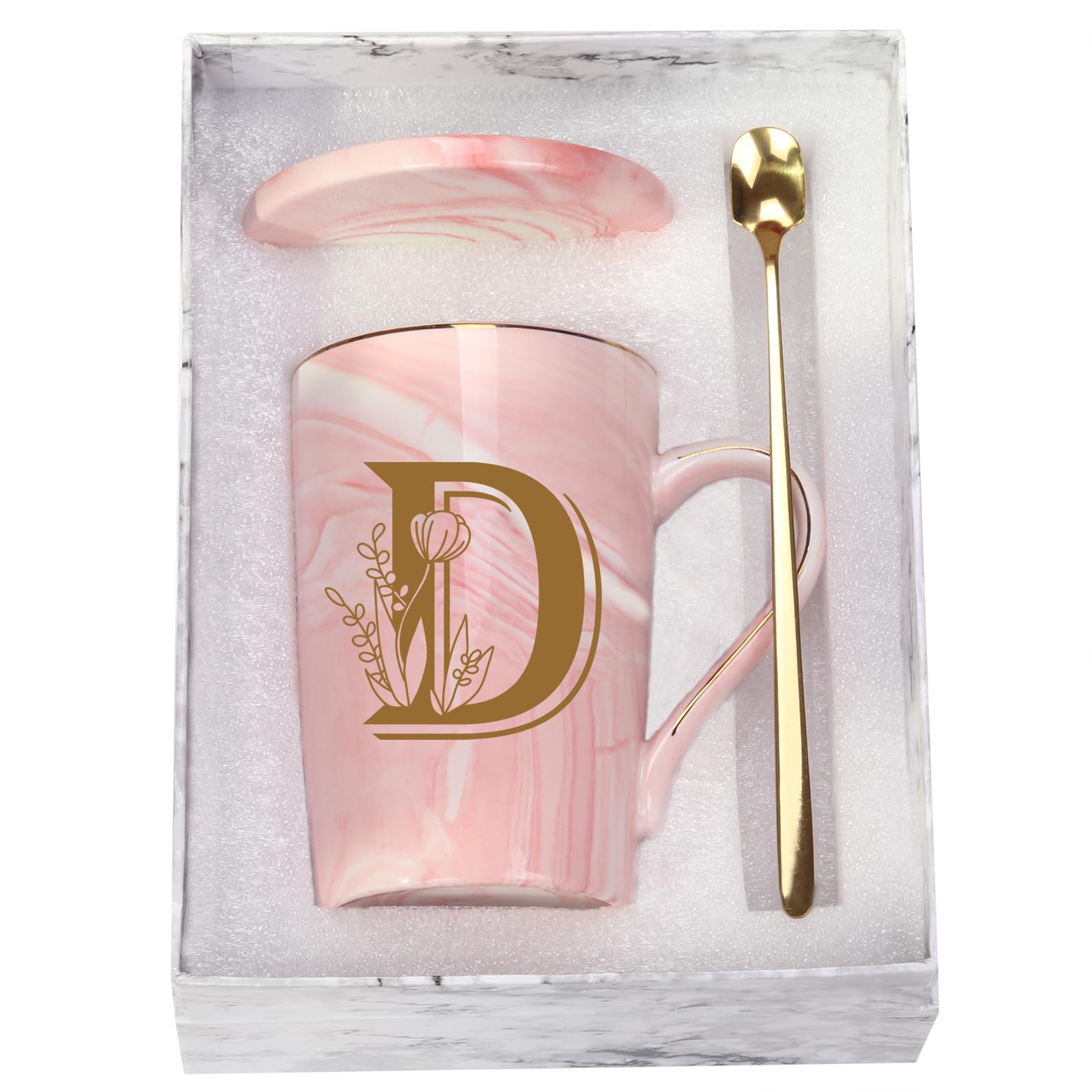 WENSSY Letter D Flower Mug in pink, 14oz, ideal for daily coffee ritual.