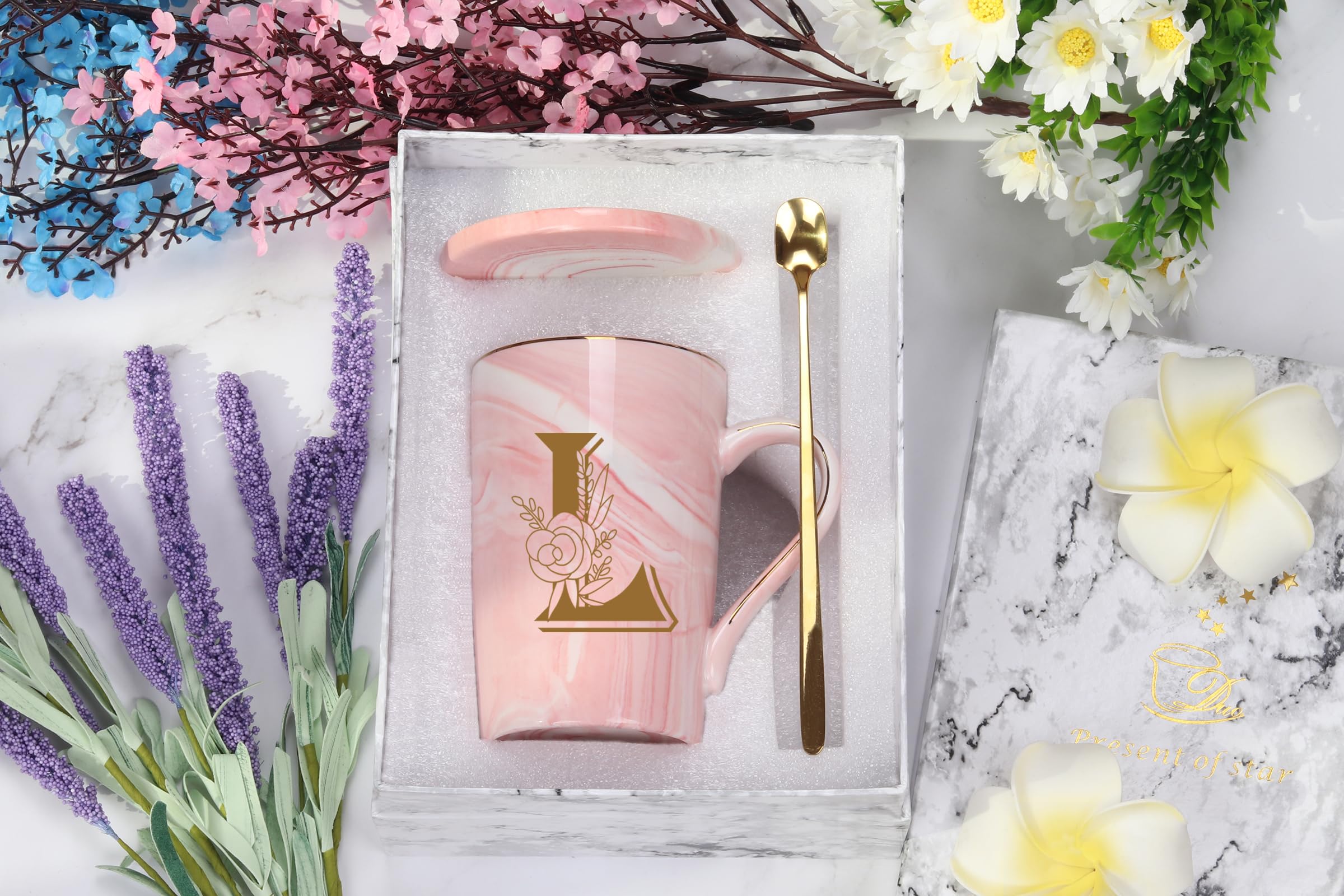 WENSSY Letter L mug in daily use on table, perfect for tea or coffee.