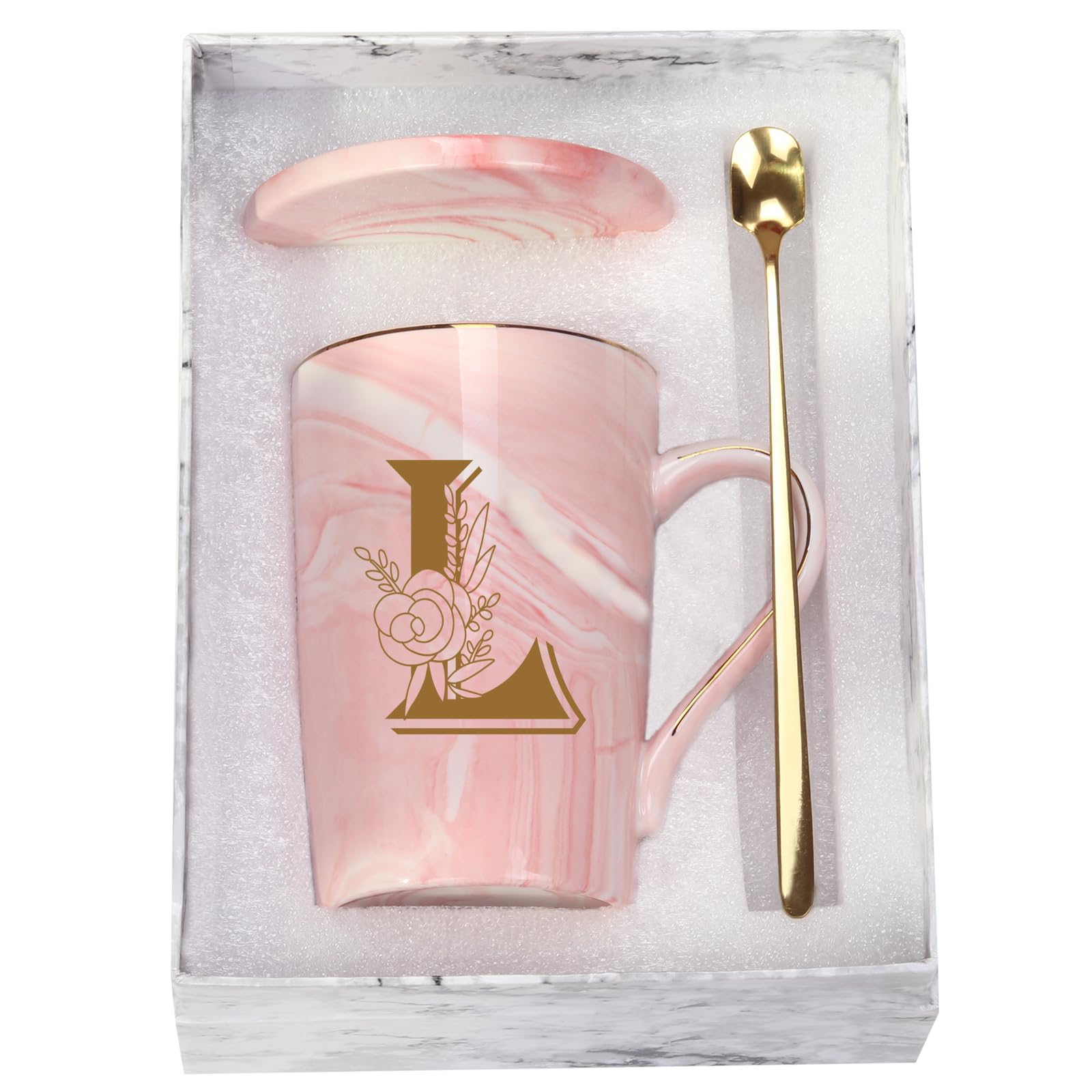 WENSSY Letter L mug with flower, front view, ideal for morning coffee enjoyment.