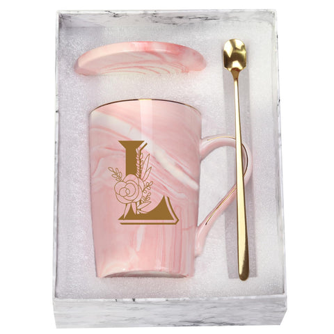 WENSSY Letter L mug with flower, front view, ideal for morning coffee enjoyment.