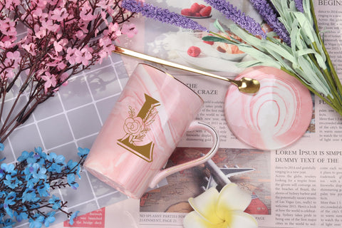 WENSSY Letter L mug with flower, side view, enhances personal desk ritual.