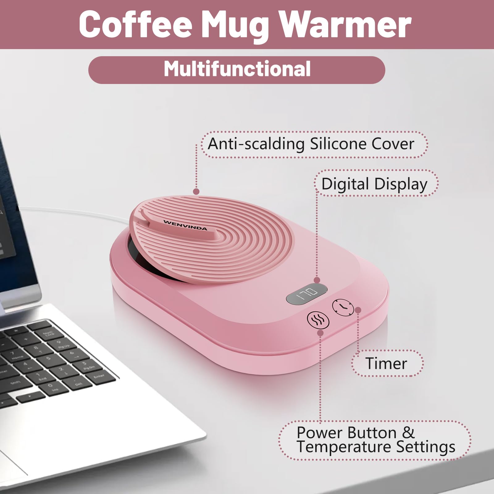 Wenvinda mug warmer features anti-scald silicone pad for safe handling.