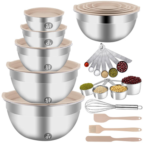 WEPSEN mixing bowls with khaki lids stacked for space-saving prep